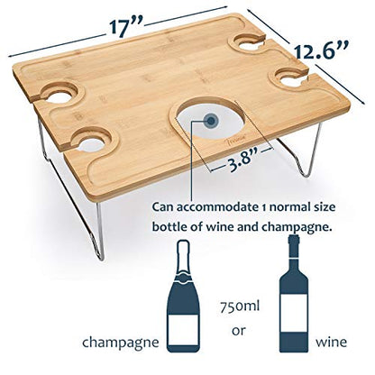 Tirrinia Portable Wine Picnic Table, Ideal Wine Gift for Women Men, Small Folding Outdoor Picnic & Cheese Tray with 4 Wine Glasses Holder for Camping, Park, Beach, Garden, Concerts,Steel Legs - size: 17" x 12.6"