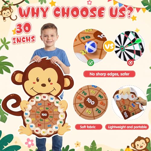 Seenelling Monkey Party Games 30 x 27 Monkey Dart Board with 12 Sticky Balls Toys Jungle Animal Games for Boys Kids Family Theme Birthday Zoo Forest Party Supplies Decorations Favors - size: 30 x 27", style: Monkey