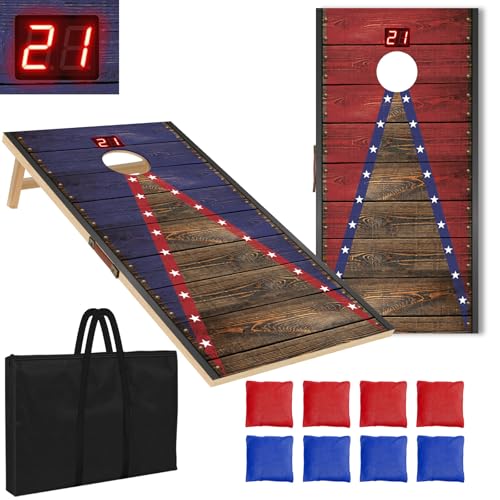 Electronic Cornhole Board Set 4x2ft 3x2ft 2x1ft, Automatic Scoring Corn Hole Games for Adults & Kids, Wooden Portable Cornhole Set with 8 Bean Bags & Carrying Bag for Outdoor, Tailgate, Party - size: 4 x 2 ft