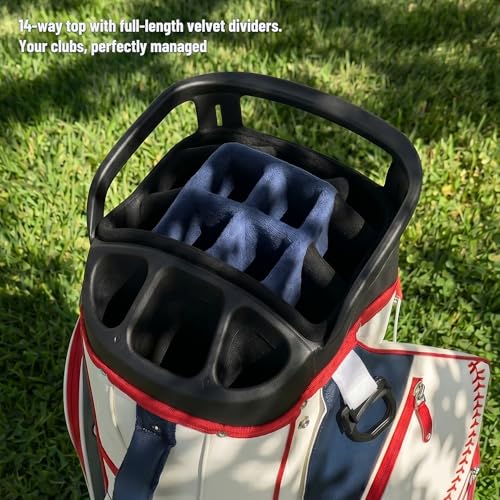 uniHimal Golf Cart Bag with 14-Way Full-Length Dividers, Premium PU Leather Golf Bag for Men Women with Plush Top, Magnetic Pocket and Rain Cover, Lightweight Golf Club Bag Includes Cooler Pockets - color: Beige Red Blue