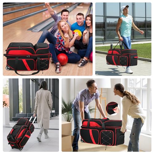 BOSSTIN 3 Ball Bowling Bags with Wheels, Secure Adhesive Fixed Ball Cup & Shoe Compartment, Bowling Ball Bag 3 Ball Roller with Multi-Pockets - color: Red