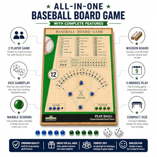 Classic Baseball Board Activity, Two Player Tabletop Dice Play Set with Wooden Surface Plus Marble Scoring, Indoor Family Gathering Entertainment for Children Ages 8-12, Teens, Adults