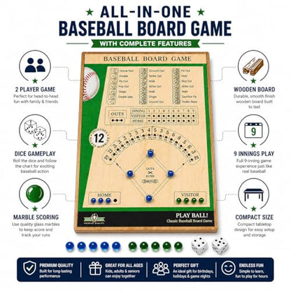 Classic Baseball Board Activity, Two Player Tabletop Dice Play Set with Wooden Surface Plus Marble Scoring, Indoor Family Gathering Entertainment for Children Ages 8-12, Teens, Adults