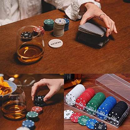 IXIGER Poker Chips Set(200pcs),Poker Chips with Denominations,Plastic Learning Counters Disks and Learning Math Counting Chips, 2PCS Counter chip Holder Game Night Party Supplies