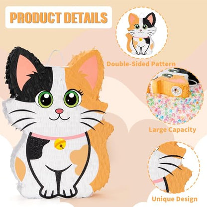 Wernnsai Kitten Cat Piñata - Cat Kitten Decorations For Kids Girls Birthday Cute Animal Party Game For Cat Lady KittenParty Supplies Favor With Bat Blindfold 16“ x 12.5" x 3" - style: Cat