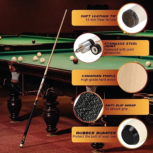 Joshmar Pool Cue Stick 58" – 2-Piece Canadian Maple Billiard Cue 19oz, 13mm Tip, Includes Hard Case, Glove & Chalk – Complete Set for Beginners, Adults & Gift