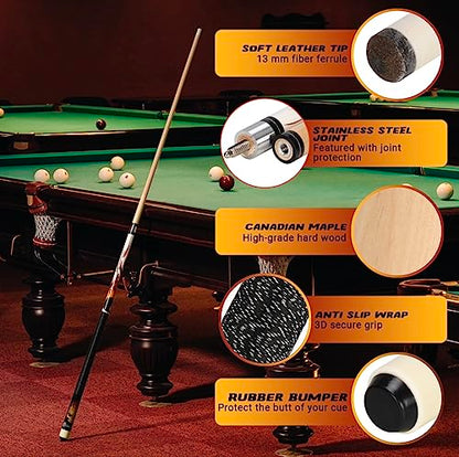 Joshmar Pool Cue Stick 58" – 2-Piece Canadian Maple Billiard Cue 19oz, 13mm Tip, Includes Hard Case, Glove & Chalk – Complete Set for Beginners, Adults & Gift