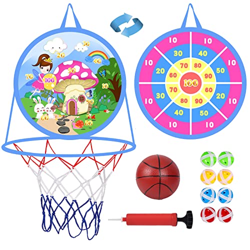 2 in 1 Basketball Hoop and Dart Board, 14" Dart Board for Kids, Basketball Hoop for Kids Toddlers, Sports & Outdoor Play, Birthday Gift Toys for 3 4 5 6 7 8 9 10 Year Old Boys Girls Kids, Party Favors - style: 2 in 1 Pink Fairy Theme