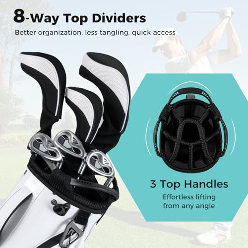 ULTIMATE Golf Stand Bag, 8-Way Golf Bag with 5 Pockets, Rain Hood, Detachable Dual Shoulder Strap, Lumbar Pad, Handles, Portable Golf Club Bag for Men & Women - color: White