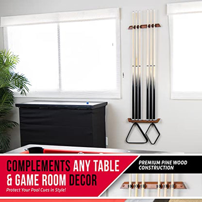 GoSports Wall Mounted Pool Cue Stick Holder - Holds 6 Cues and 2 Triangle Racks - Multiple Colors Available - style: Brown