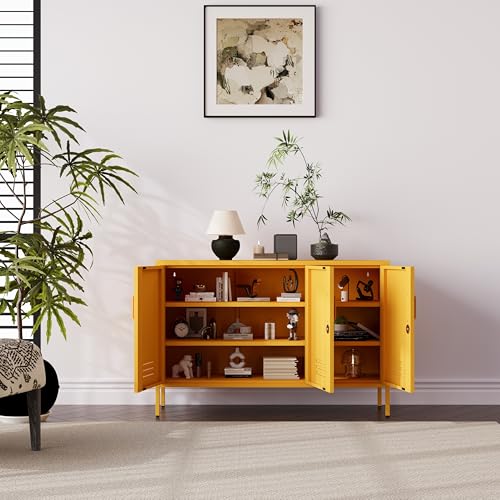 32" Wide 3-Door Lockable Metal Storage Cabinet with Accent Cabinet Locker, Heavy Duty Home Tool Cabinet, 2 Removable Shelves & Easy Assembly, for Home, Office, Entryway and Hallway Yellow - color: Mustard, style: Cabinet-32"H-WL