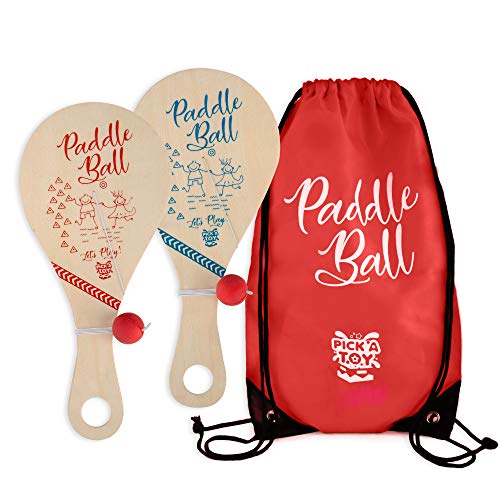 Wooden Paddle Ball (Set of 2) with Red Carry Bag Indoor Outdoor Toy: Fun and Classic Paddleball Game for Boys and Girls, Party Favor Toys Ages 4+ - color: With Red Carry Bag