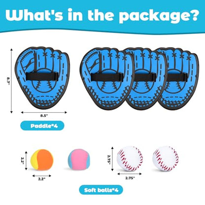 Toss and Catch Ball Set - 4 Glove Paddles & 4 Sticky Balls, Outdoor Velcro Ball and Catch Game for Lawn, Yard, Beach, and Park Play