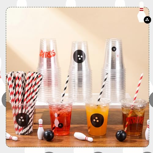 Newtay 60 Pcs Bowling Cups Bulk 12oz Bowling Themed Plastic Cups with Lids Straws Sport Party Favors for Birthday Baby Shower Decorations - style: Bowling