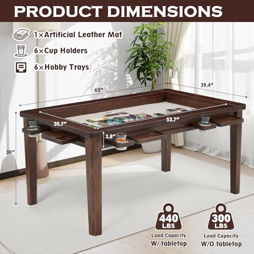 Haddockway 63" ×39“ Board Game Table with Removable Top, Solid Wood Dining/Gaming Table for 4-6 Players with Play Mat, 6 Detachable Cup Holders & 6 Hobby Trays (Warm Walnut) - color: Warm Walnut