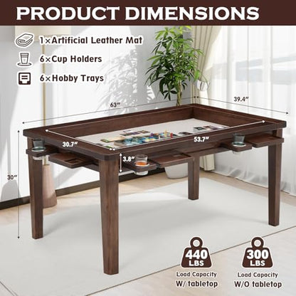 Haddockway 63" ×39“ Board Game Table with Removable Top, Solid Wood Dining/Gaming Table for 4-6 Players with Play Mat, 6 Detachable Cup Holders & 6 Hobby Trays (Warm Walnut) - color: Warm Walnut