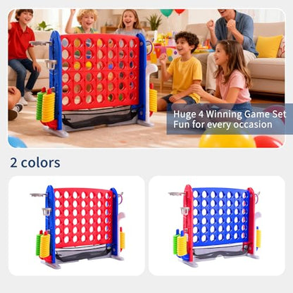 Jumbo 4 in a Row Game, Height Adjustable(2.7-3.2 ft) Outdoor Connect 4 w/Quick Release, Giant Connect Four with Basketball Hoop, Ring Toss & Net, Backyard Party Game for Adults Kids