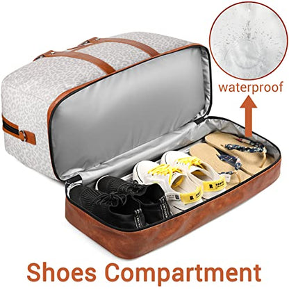 Weekender Bag for Women, Large Overnight Bag Canvas Travel Duffel Bag Carry On Tote with Shoe Compartment 21" 3Pcs Set - color: A07-brown+gray leopard