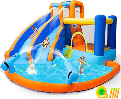 JOYLDIAS Inflatable Water Slide Bounce House,Giant Water Park, Double Slide Bouncer Castle w/Splash Pool, Jump Area, Climbing Wall, 550W Air Blower for Kids Backyard Indoor Outdoor Use,Free Water Gun - color: 6 in 1