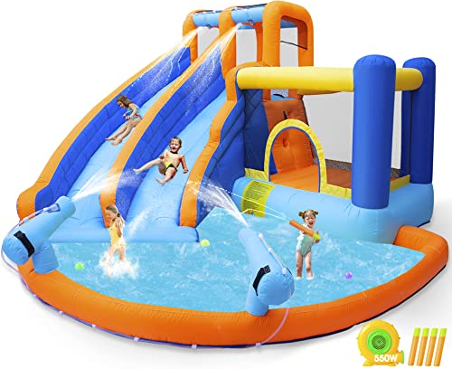JOYLDIAS Inflatable Water Slide Bounce House,Giant Water Park, Double Slide Bouncer Castle w/Splash Pool, Jump Area, Climbing Wall, 550W Air Blower for Kids Backyard Indoor Outdoor Use,Free Water Gun - color: 6 in 1