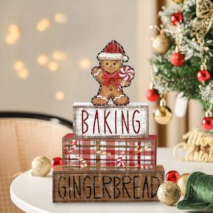 DIYDEC 4Pcs Christmas Table Decoration Gingerbread Man Wooden Block Sign Christmas Tiered Tray Decor Centerpiece Decorative Sign for Xmas Holiday Tabletop Coffee Fireplace Shelf Desk Party Decor - style: Gingerbread Man