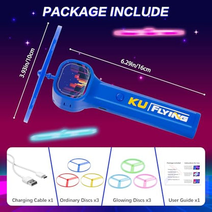 Rechargeable Disc Launcher with 6 Flying Spinners for Outdoor Activities Game White Elephant Gift Fidget Toys (Blue) - color: Blue