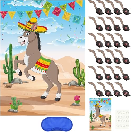 PLULON Pin The Tail on The Donkey Birthday Games for Kids Mexican Donkey Game Poster with Tail Stickers Donkey Party Favors Carnival Birthday Fiesta Home Wall Decor Classroom Family Activities - style: Mexican Donkey