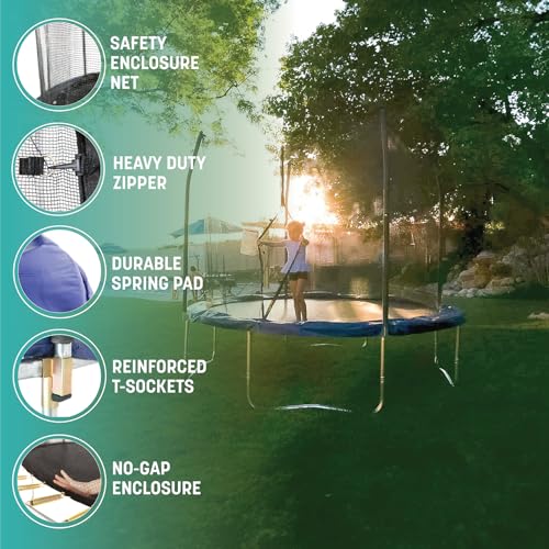 Skywalker Trampoline Outdoor 8 FT, 12 FT, 15 FT Jump N’ Dunk Round Outdoor Trampoline with Net, Trampoline Mat, and Basketball Hoop for Trampoline - color: Blue, style: 12 Foot