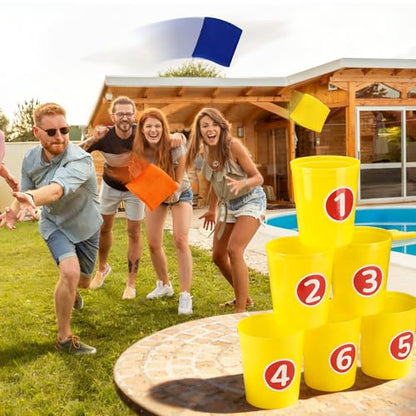 15 Pcs Bean Bag Toss Buckets Games Knockdown Can Throwing Game Sets, 6 Buckets 3 Bean Bag Number 1-6 Stickers for Outdoor, Family Gatherings, Birthdays, Indoor and Outdoor Activities