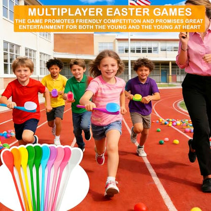 TOPLEE 20 Pcs Easter Egg and Spoon Race Game Set, 10 Players Balance Relay Easter Games Include 10 Eggs and Wooden Spoons for Kids Family Carnival Sports Outdoor Games Holiday Birthday Party Supplies