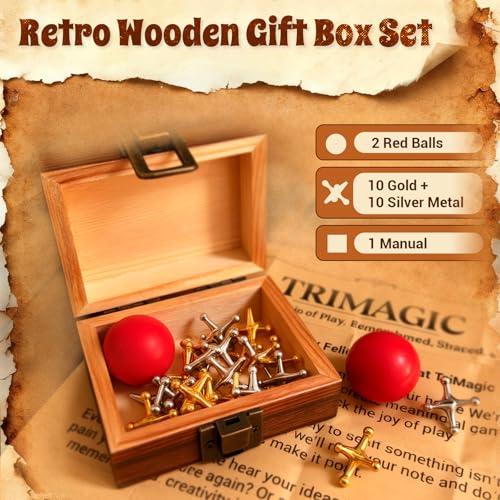 TriMagic Metal Jacks Game with Ball Classic, Jax Toy, Vintage Jacks and Ball Set in Wooden Gift Box, Old School Jax Game, Retro Nostalgic Toys from 50s 60s 70s 80s, 20 Gold & Silver Jack Stones - style: 20 Jacks+2 Balls+ Wooden Box