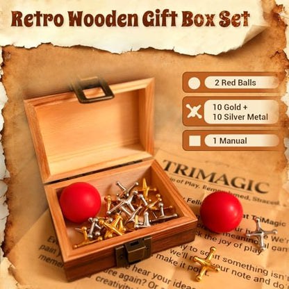 TriMagic Metal Jacks Game with Ball Classic, Jax Toy, Vintage Jacks and Ball Set in Wooden Gift Box, Old School Jax Game, Retro Nostalgic Toys from 50s 60s 70s 80s, 20 Gold & Silver Jack Stones - style: 20 Jacks+2 Balls+ Wooden Box