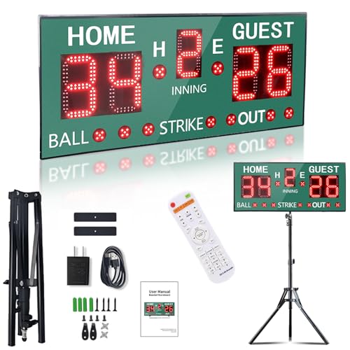 Outdoor Baseball/Softball Scoreboard with Stand, Wireless Portable Baseball Scoreboard, Digital Scoreboard with Remote, Electronic Scoreboard for Games, Score Keeper Ball Strike Out Inning - style: 30"x14" Green
