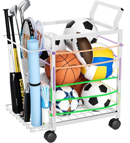 Sports Equipment Garage Organizer,Garage Ball Storage Rack for Sports with Wheels-Upgraded Sports Organizer Rack Outdoor Basketball Racks for Balls with Holder and Hooks (White) - color: Pearl White