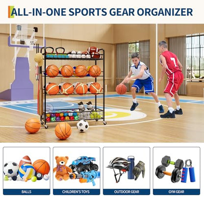 GarveeLife Garage Sports Equipment Organizer - Rolling Ball Storage Bin with Wheels, Garage Sports Gear Rack Outdoor Basketball Racks for Balls with Baseball Bat Holder and Hooks, Toy Organizer