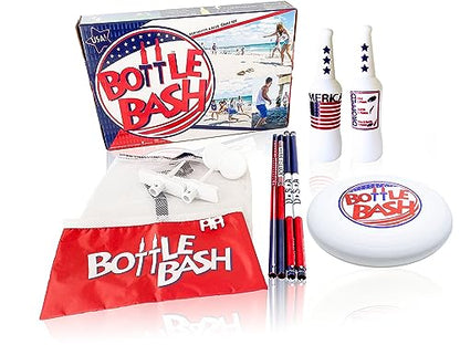 Bottle Bash Outdoor Flying Disc Game Set – Frisbee Toss Backyard and Beach Game for Family, Adult & Kids - Beersbee & Polish Horseshoes - color: Red/White/Blue - USA