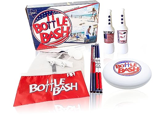 Bottle Bash Outdoor Flying Disc Game Set – Frisbee Toss Backyard and Beach Game for Family, Adult & Kids - Beersbee & Polish Horseshoes - color: Red/White/Blue - USA