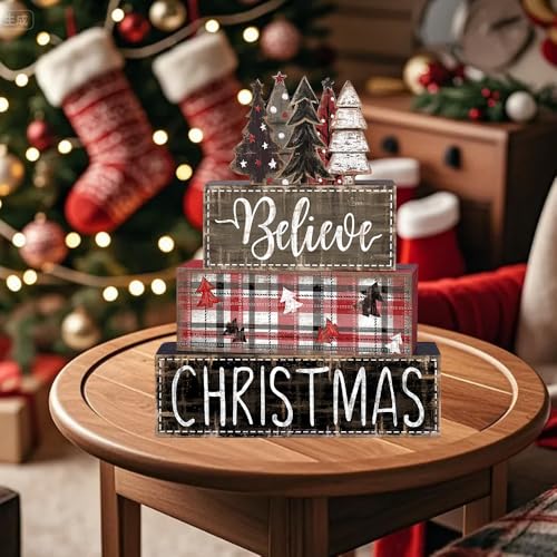 DIYDEC 4Pcs Christmas Table Decoration Christmas Tree Wooden Block Sign Xmas Tiered Tray Decor Winter Centerpiece Decorative Sign for Holiday Tabletop Coffee Fireplace Shelf Desk Party Decor - style: Black Tree