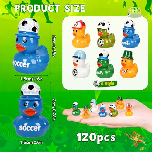 120 Soccer Mini Resin Ducks 6 Styles Bulk Miniature Football Duck Figurines for Soccer Party Favors Team Gifts Goodie Bags Stuffers Tabletop Dollhouse Cake Fairy Garden Micro Landscape Decor - style: 120Pcs-Soccer Ducks