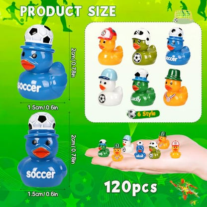 120 Soccer Mini Resin Ducks 6 Styles Bulk Miniature Football Duck Figurines for Soccer Party Favors Team Gifts Goodie Bags Stuffers Tabletop Dollhouse Cake Fairy Garden Micro Landscape Decor - style: 120Pcs-Soccer Ducks