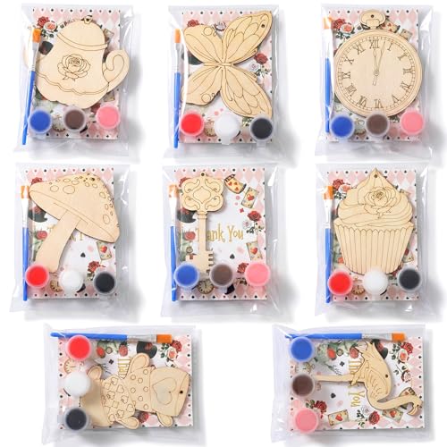 Saypacck 24 Pcs Wonderland Party Favors Wooden Painting Craft Kits Birthday Party Supplies with Organza Bag for Goodie Bags Fillers Adult Thank You Gifts - style: Wonderland