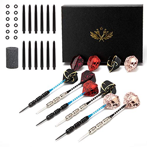 WINSDART Darts Metal Tip Set Professional Metal Darts for Dartboard Steel Tip Darts with Nonslip Iron Barrel Aluminum Dart Shafts,Extra Flights,Dart Sharpener,Gift Box - style: Skull Laser Darts Set