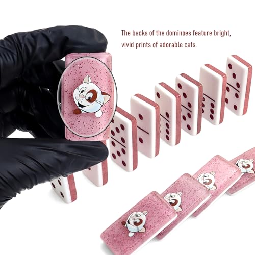 IDTQ Cute Cat Dominoes Set for Adults - Pink Double 6 Dominoes with 28 Tiles, Adorable Cat Print Design - Family Game Night & Gifts for Cat Lovers - color: Pink