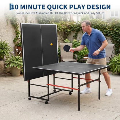 Garvee 8 ft Portable Ping Pong Table, Foldable Indoor Outdoor Table Tennis Set with Net, 2 Paddles and 3 Balls - Professional Game for Adults Teens, Quick Assembly, Single Player Playback Mode