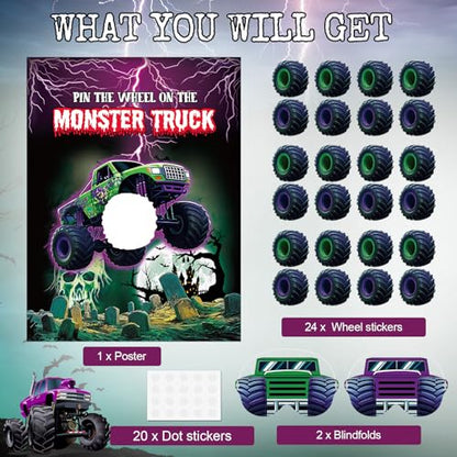 Faccito Monster Truck Birthday Games Pin The Wheel on The Monster Truck Green and Purple Trucks Poster with Stickers Blindfolds for Birthday Decorations Cars Party Games Activities Supplies - style: Truck