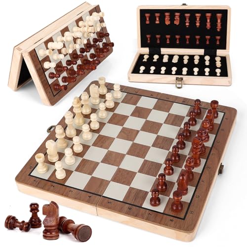 Wooden Chess Set,11.5 inch Magnetic Chess Board Folding Design with Storage Travel Chess Game for Kids, Adults and Family Game Night