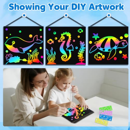 ZMLM Scratch Paper Art Craft: 2 Pack Rainbow Scratch Set for 3 4 5 6 7 8 9 10 Years Old Girls Boys Students Drawing Coloring Black Magic Art Supplies Kits Gifts School Birthday Party Toys (Ocean) - style: Ocean
