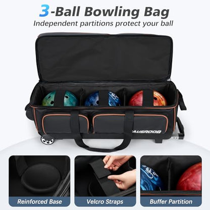 3 Ball Bowling Bags with Wheels, Bowling Bags 3 Ball Roller - 900D Oxford Waterproof PU, Bowling Bag with Multi-Separate Storage Pockets & Retractable Handle Extends to 40'' - color: Black
