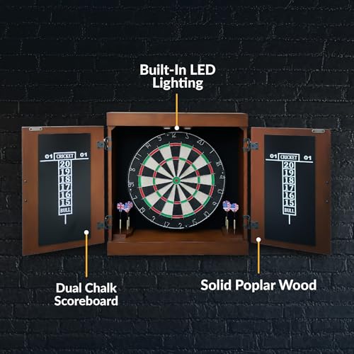 Hathaway Farmington 18-in Bristle Dart Board and Cabinet Set – Includes Self Healing Sisal Board, Rotatable Number Ring, Chalk Scoreboards & Steel-Tip Darts - Complete Dart Accessories - Walnut