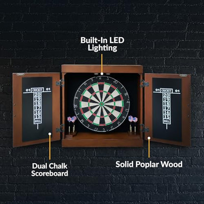 Hathaway Farmington 18-in Bristle Dart Board and Cabinet Set – Includes Self Healing Sisal Board, Rotatable Number Ring, Chalk Scoreboards & Steel-Tip Darts - Complete Dart Accessories - Walnut